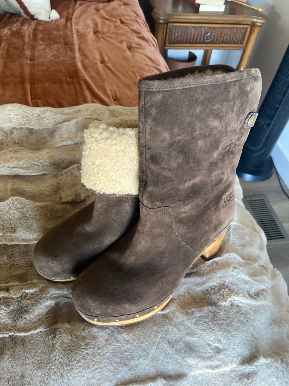 UGG Brown Suede Shearling Clog Ankle Boots - Picture 2 of 6